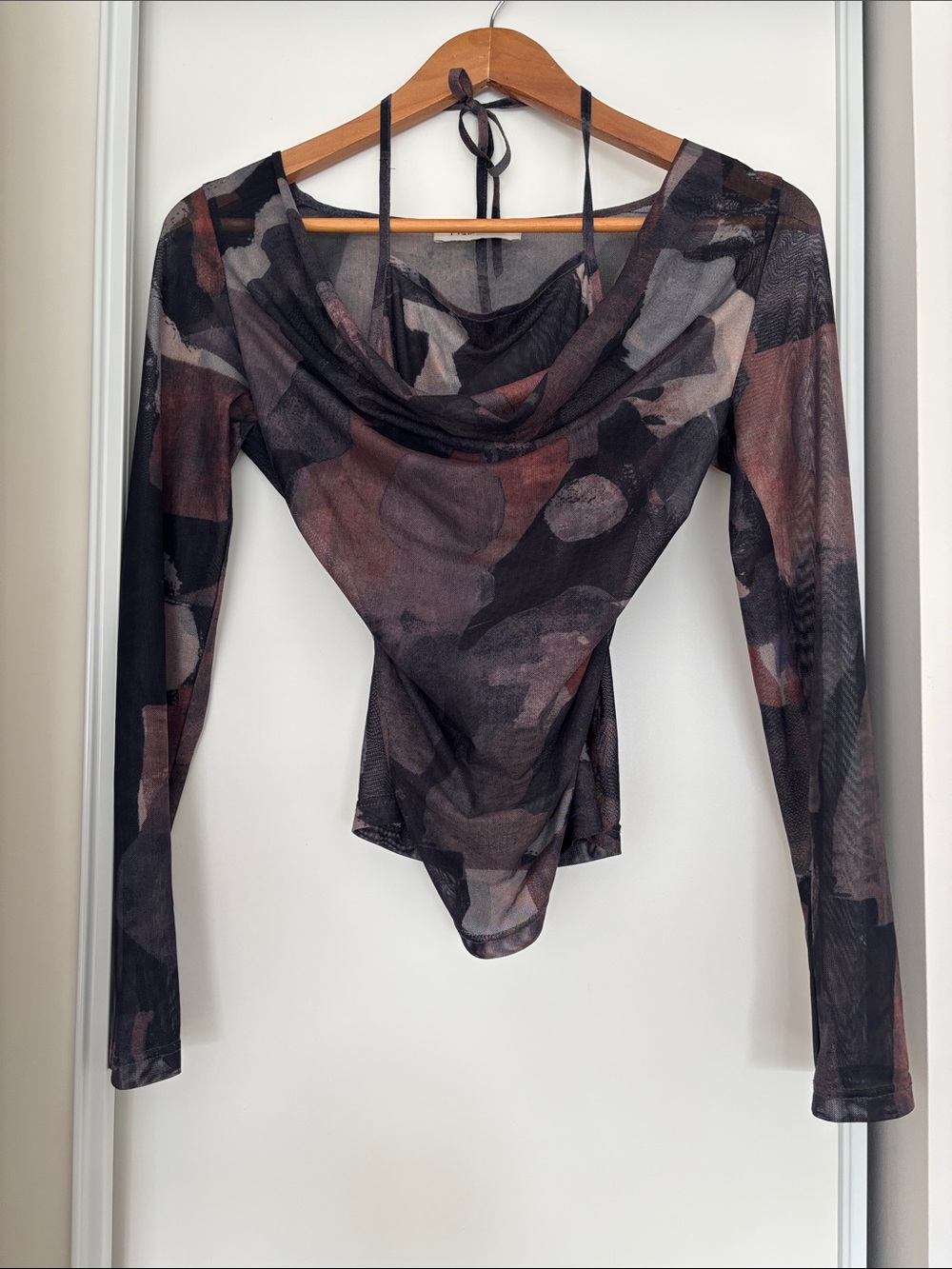 Sheer Long-Sleeve Draped Neck Top in Black and Brown-S